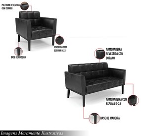 Conjunto Poltrona e Namoradeira Decorativa Karen Pés Fixo em Madeira PU Preto Brilho G19 - Gran Belo