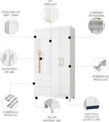 Guarda Roupa Solteiro 103cm com Espelho Dony Flex A02 Branco - Mpozena