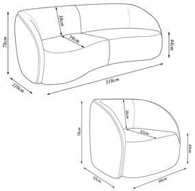 Conjunto Sofá Sala de Estar Bipartido 318cm e 2 Poltronas Clarke Veludo Marrom G45 - Gran Belo