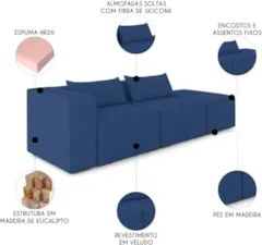 Sofá 5 Lugares 363cm Com Puff Direito Fay Veludo Azul Z55 - Mpozenato