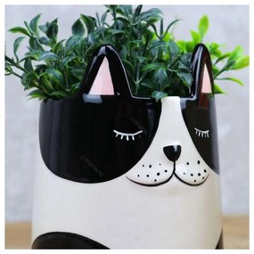 Cachepot Vaso Decorativo de Cerâmica Cachorro Branco e Preto