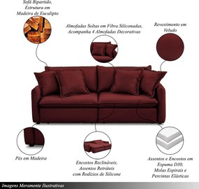 Sofá Bipartido 250cm Retrátil Reclinável Almofadas Caixa Zero Sydney Veludo Bordô G93 - Gran Belo