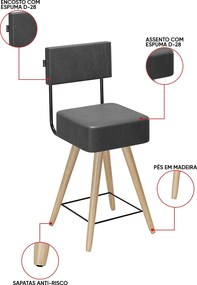 Banqueta Baixa Cozinha 50cm Encosto Pé Madeira Kit 2 Barcelona Pu S02 - D'Rossi - Preto