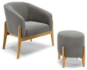 Poltrona com Puff Base de Madeira Stella Suede Grafte D03 - D'Rossi