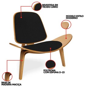 Poltrona Decorativa Base de Madeira Shell Linho P01 - D'Rossi - Preto