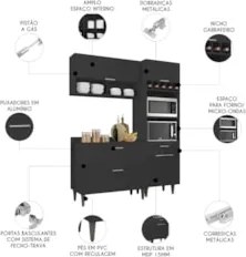 Armário de Cozinha Com Tampo CP02 160cm Pérola Preto Z34      - Mpozen