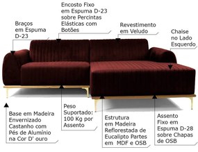 Sofá 3 Lugares Bipartido com Chaise Lado Esquerdo Base de Madeira Euro 230 cm Veludo Vinho G15 - Gran Belo