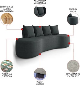 Sofá 3 Lugares Orgânico 210cm com Almofadas Benin Bouclê B03 - D'Rossi - Preto
