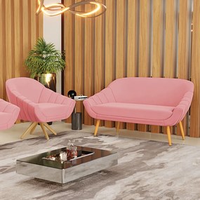 Kit 01 Namoradeira 02 Lugares e 01 Poltrona Giratória Giovana Suede Base Madeira MA30 - D'Rossi - Rose
