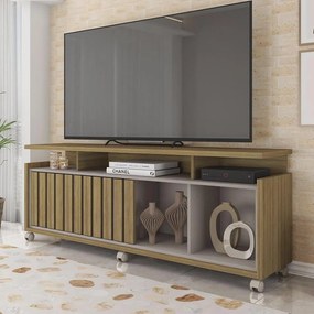 Rack TV 70 Pol 160cm Bancada com Rodízio Sala Thaissa Bege Amarelado/Cinza C01 - D'Rossi