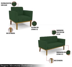 Conjunto Poltrona e Namoradeira Decorativas Karen Pés Fixo em Madeira Castanho Veludo Verde Esmeralda G19 - Gran Belo