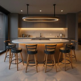 Banqueta Alta Cozinha 70cm Encosto Pé Madeira Kit 6 Kyara Pu S02 - D'Rossi - Preto