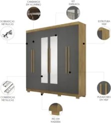 Guarda Roupa Casal 218cm Com Espelho Bolty Nature/Alasca V02 - Mpozena