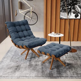 Poltrona com Puff Giratório Costela Suede Base de Madeira MA30 M11 - D'Rossi - Azul Marinho