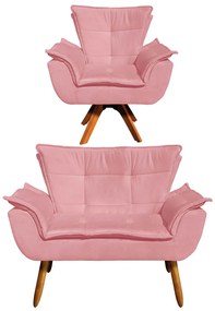 Sofá Namoradeira e Poltrona Giratória MM30 Opala Suede D03 - D'Rossi - Rose