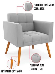 Kit 1 Sofá Namoradeira e 2 Poltronas Elisa Suede Pés Palito Castanho D03 - D'Rossi - Cinza