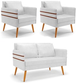 Kit 01 Namoradeira 02 Lugares e 02 Poltronas Mari Corano Pés Palito Castanho - D'Rossi - Branco
