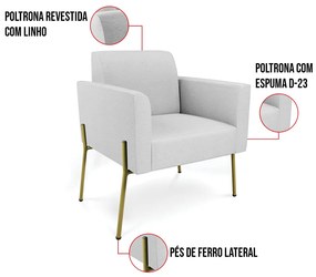 Poltrona Pé de Ferro Dourado para Escritório Kit 2 Marisa Linho D03 - D'Rossi - Cinza