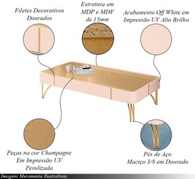 Mesa de Centro Rennes Decorativa MDP/MDF Pés de Aço Off White/Champagne G26 - Gran Belo