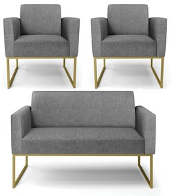 Sofá Namoradeira com 2 Poltronas Base Industrial Dourado Marisa Linho Grafite A26 D03 - D'Rossi