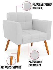 Kit 1 Sofá Namoradeira e 2 Poltronas Elisa Linho Pés Palito Castanho D03 - D'Rossi - A05 Cinza