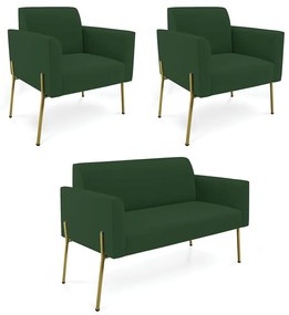 Sofá Namoradeira e 2 Poltronas Pé de Ferro Dourado Marisa Veludo Verde