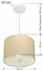 Lustre Pendente Cilíndrico Md-4113 Cúpula em Tecido 30x25cm Algodão Crú - Bivolt