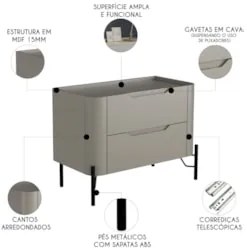 Mesa Cabeceira Quarto 68cm 2 Gavetas Becca Grigio/Preto I06 - Mpozenat