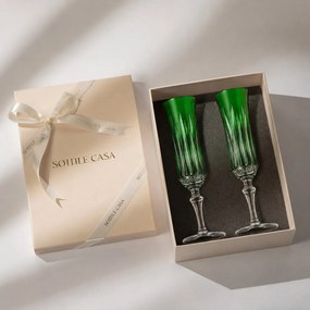 Kit 2 Taças de Cristal Flauta Lapidado 66 p/ Champanhe c/ Caixa de Presente - Verde Escuro  Verde Escuro