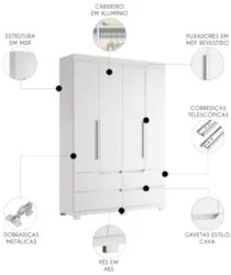 Guarda Roupa Solteiro 160cm 4 Portas Doble Branco - Albatroz