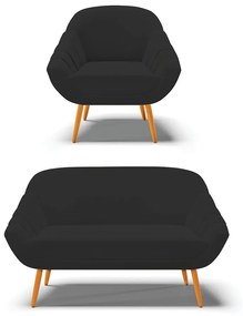 Kit 01 Namoradeira 02 Lugares e 01 Poltrona Giovana Veludo Pés Palito Castanho - Indo Decorar - Preto