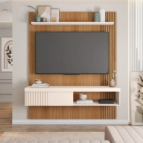 Painel TV 55 Pol 150cm Bancada Suspensa Ripado Luana Freijó/Off White C01 - D'Rossi
