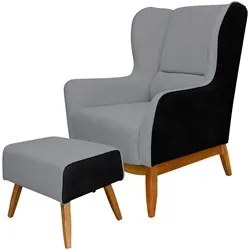 Poltrona Decorativa Base Madeira Milena e Puff Viseo C-05 C-416 Linho