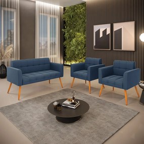 Kit 1 Sofá Namoradeira e 2 Poltronas Elisa Suede Pés Palito Castanho - D'Rossi - Azul Marinho
