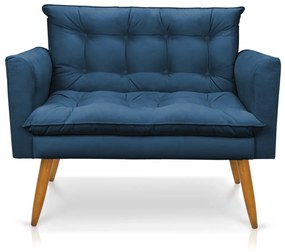 Kit 1 Sofá Namoradeira e 2 Poltronas Tais Suede Azul Marinho Pés Palito Castanho - D'Rossi