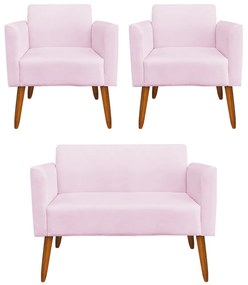 Conjunto Namoradeira e 2 Poltronas Decorativas Isabella Pés Palito Madeira Suede Rosa Bebê G19 - Gran Belo