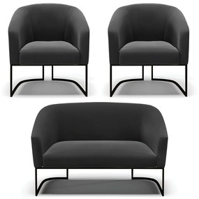 Namoradeira e 2 Poltronas Industrial Preto Stella Suede D03 - D'Rossi - Preto