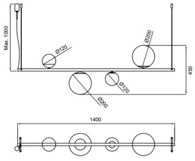 Pendente Organic Horizontal 20X10X140Cm Alumínio E Globo Ø12Cm / Ø20Cm... (AV-M - Avelã Metálico)