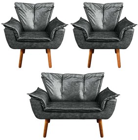 Namoradeira e 2 Poltronas Pé Palito Castanho Opala Corano - Preto