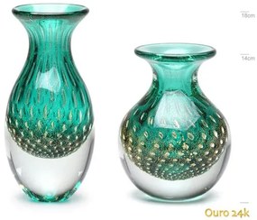 Par de Vasos Mini Tela Verde com Ouro Murano Cristais Cadoro