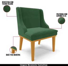 Kit 4 Cadeiras Decorativas Sala de Jantar Base Fixa de Madeira Firenze Veludo Verde Esmeralda/Castanho G19 - Gran Belo