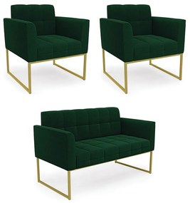 Namoradeira e 2 Poltronas Industrial Dourado Elisa Bouclê D03 - D'Rossi - Verde