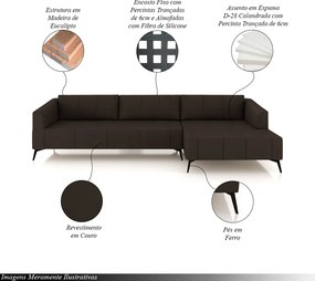Sofá Bipartido Sala de Estar Kiara 352cm Chaise Direito Pés de Ferro Couro Marrom G52 - Gran Belo