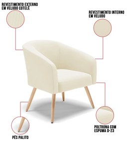 Poltrona Decorativa Pé Palito Natural Kit 2 Stella Cotelê Ext/Veludo D03 - D'Rossi - Off White