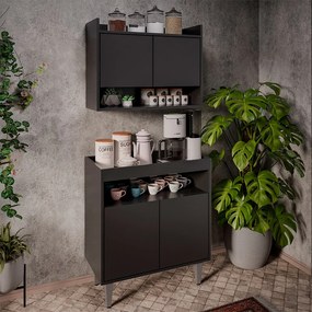 Conjunto Armário Cantinho do Café Chico 2 Portas com Aéreo Preto G96 - Gran Belo