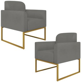 Kit 2 Poltronas Decorativas Isabella Base Industrial Suede Grafite/Dourado G19