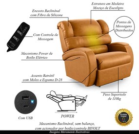 Poltrona do Papai Sala de Cinema Reclinável Kylie Power Touch Massagem USB PU Whisky G23