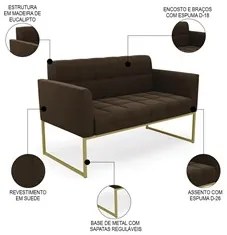 Sofá Namoradeira e 2 Poltronas Base Industrial Dourado Ana Suede Marro