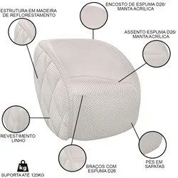 Poltrona Decorativa para Sala 90cm Tressê Zion M22 Linho Cru - Mpozena
