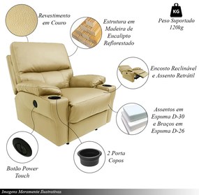 Poltrona do Papai Sala de Cinema Mia Reclinável Retrátil Power Elétrico Base Fixa Couro Bege G40 - Gran Belo